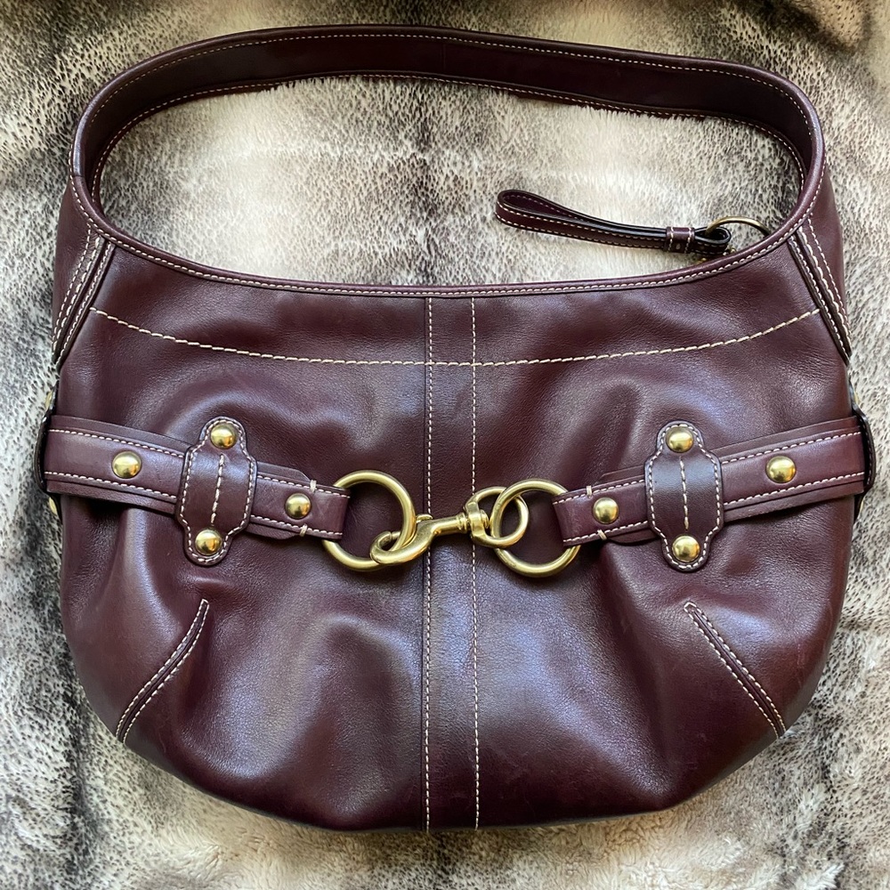 Coach Leather Handbag Buckle on Front Burgundy